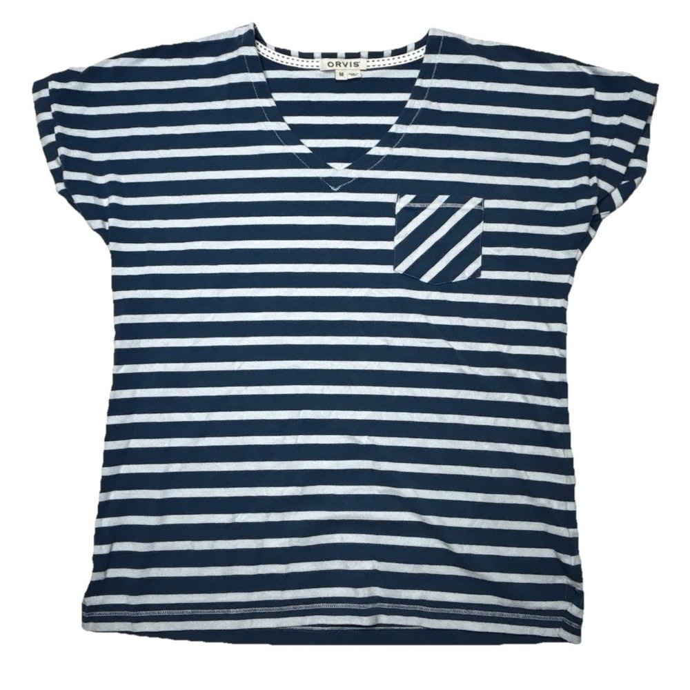 Orvis Striped V Neck Pocket T Shirt Womens Medium Blue Short Sleeve Knit Tee